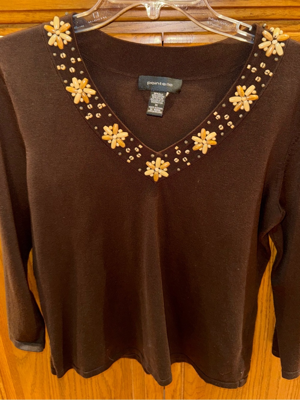 Pointelle Women's Brown V-Neck Sweater with Beaded Trim